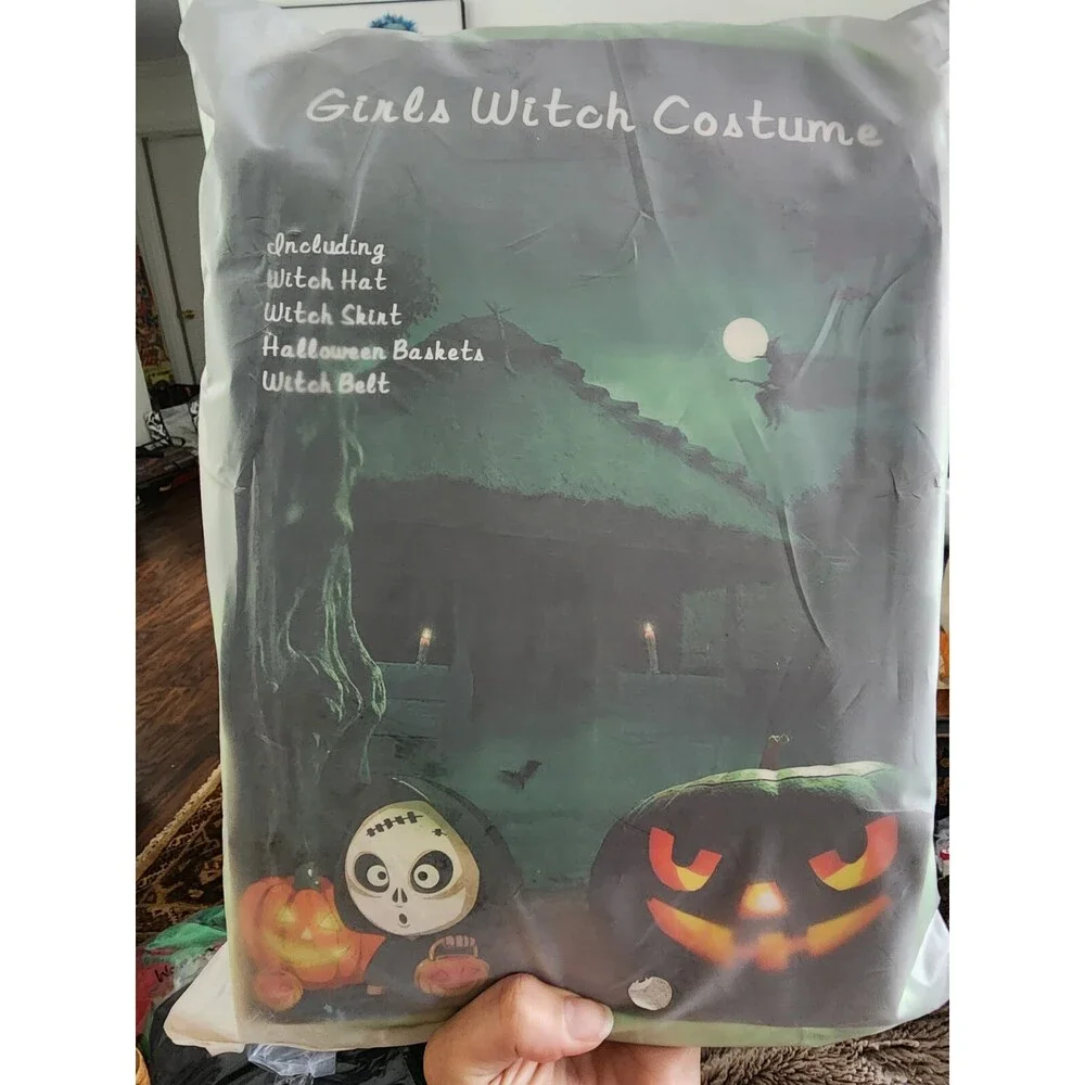 Delux Halloween Witch Costume Girls Kids Dress Witch Hat Broomstick Candy Bag, M